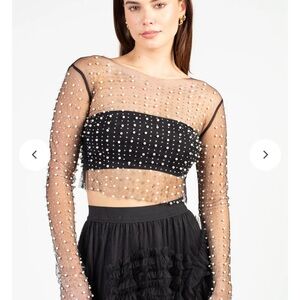 Elegant Black Mesh Blouse with Pearl Embellishments